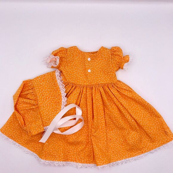 Orange w Lace Pioneer Doll Dress with Bonnet, Handmade Outfit For 18 Inch Dolls - Picture 1 of 6